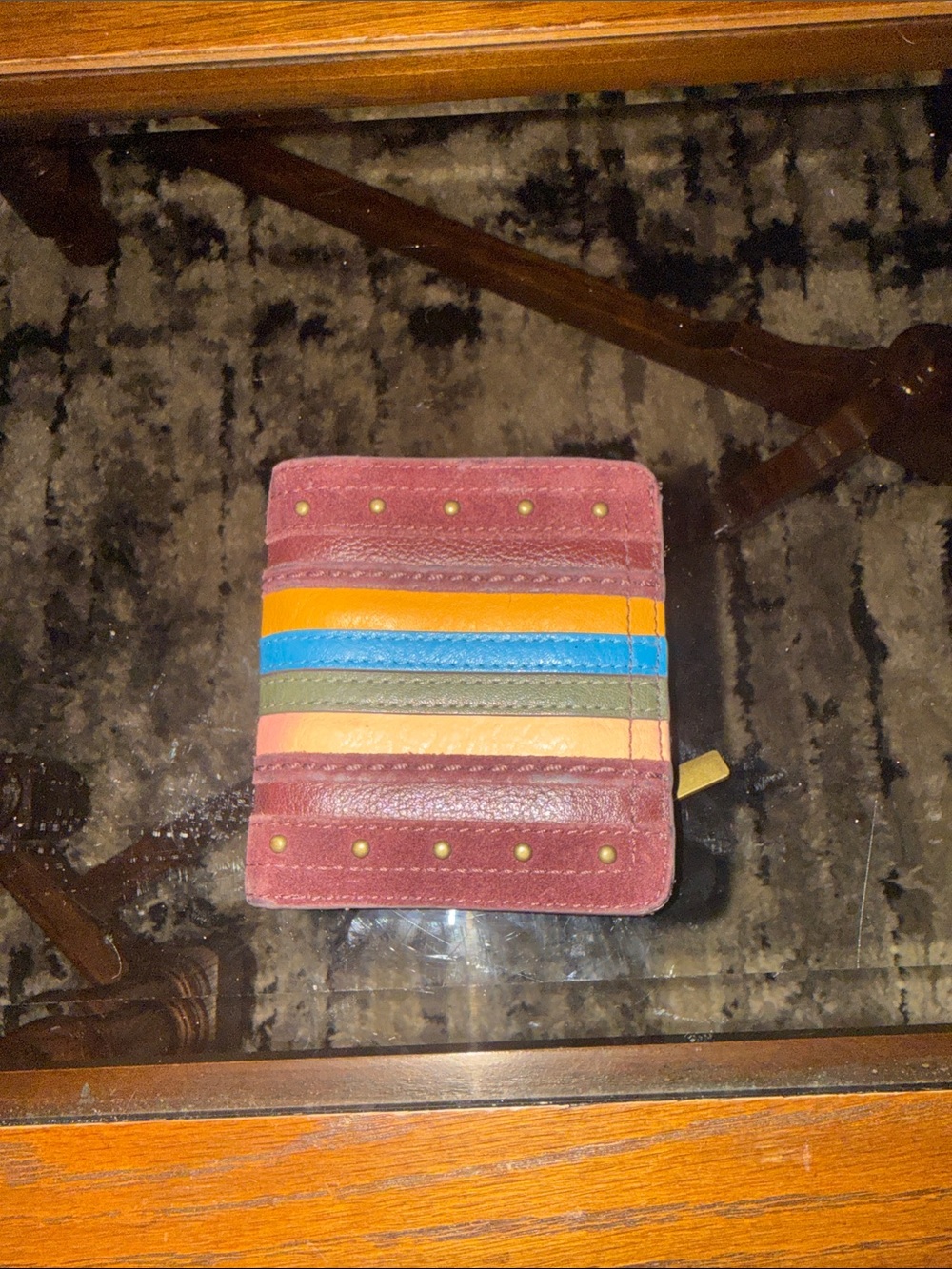 Fossil Burgundy Leather Card Holder with Multicolor Stripes